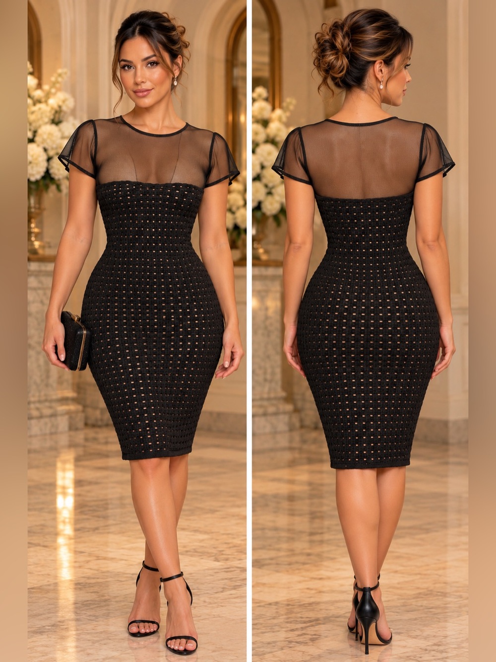Bebe Black Mesh Yoke Crochet Knit Bodycon Midi Dress Size M/L USA Made